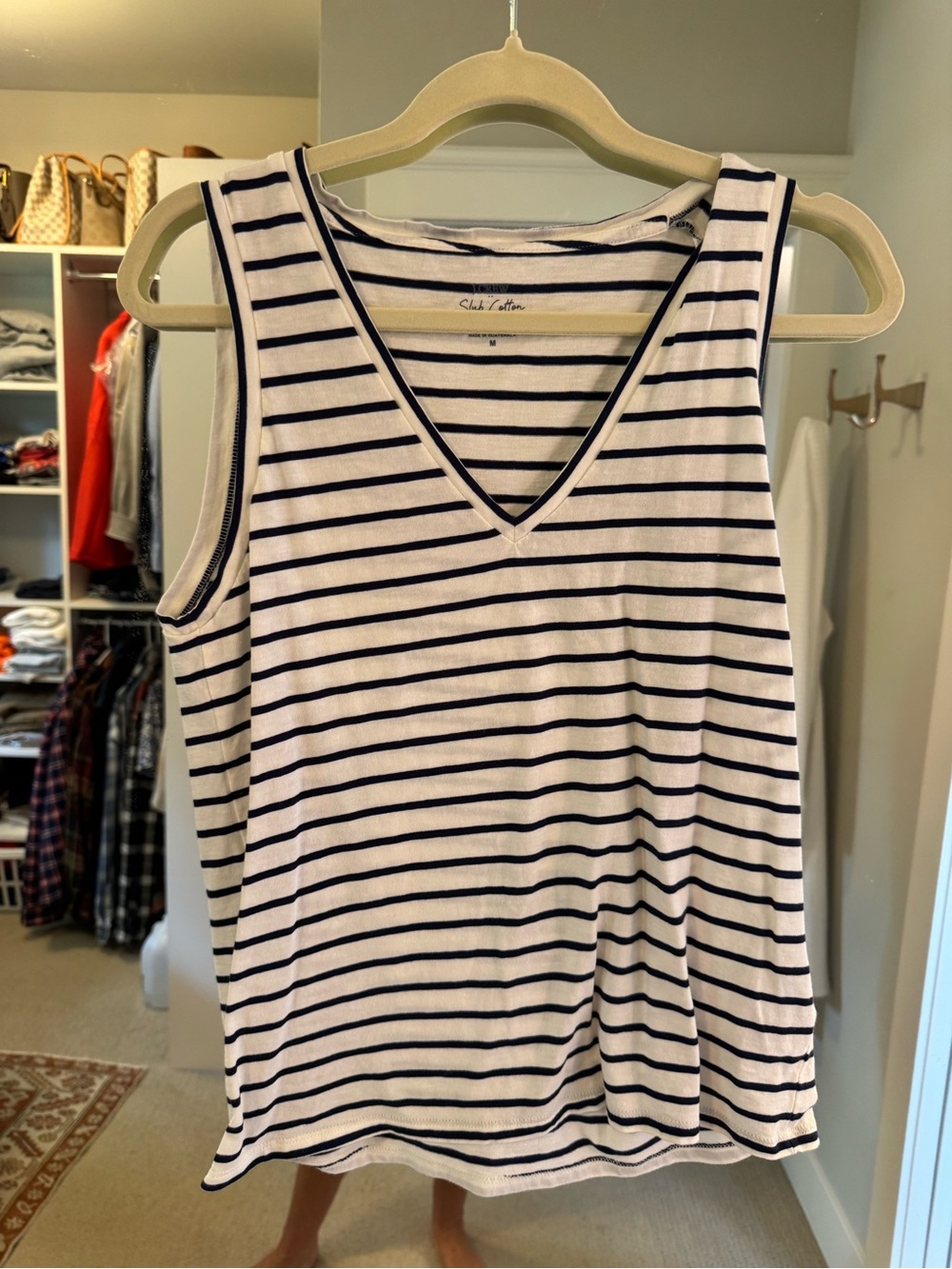J. Crew White and Navy Striped V-Neck Tank